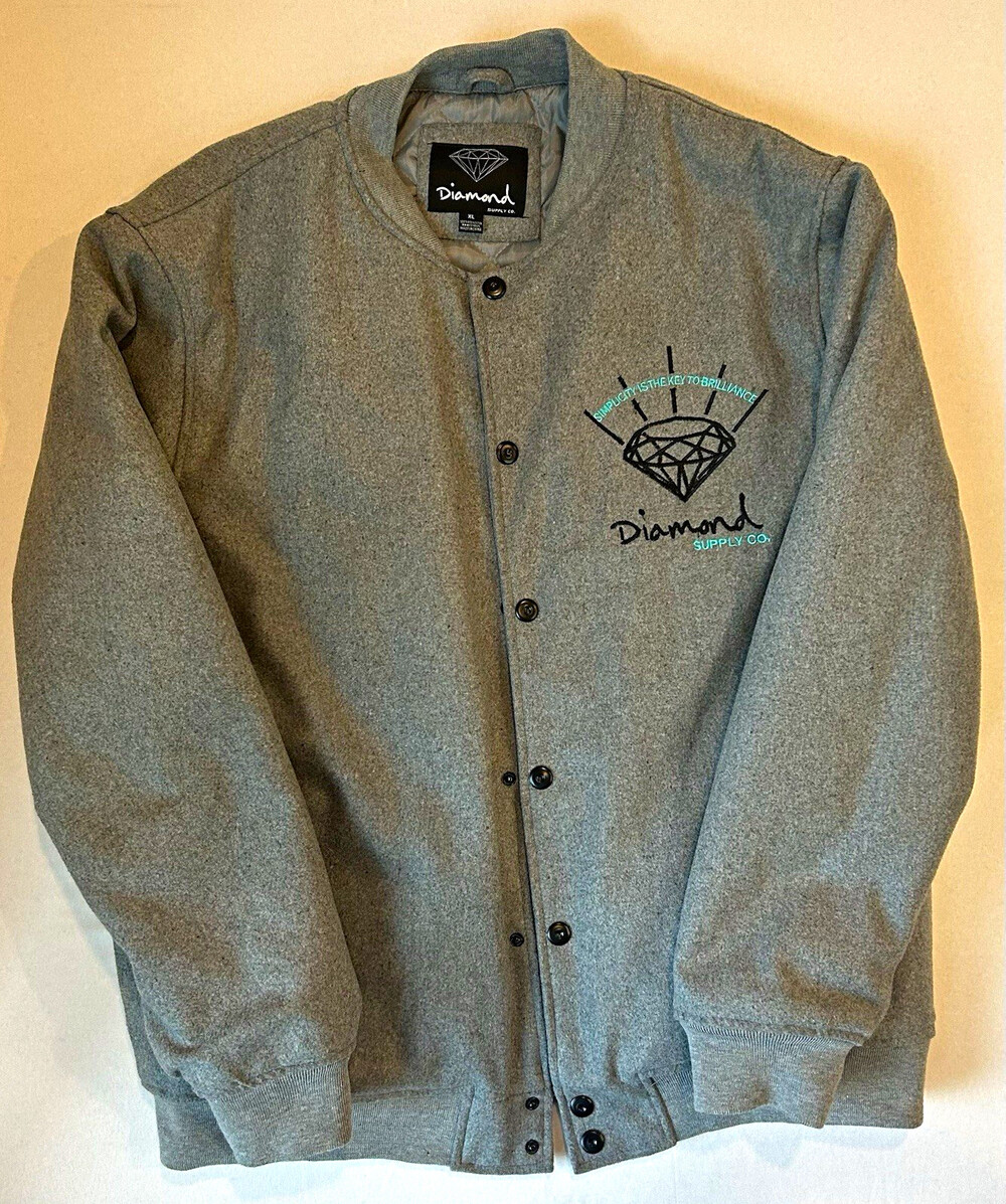 Diamond Supply Co Mens XL Gray Bomber Varsity Jacket Embroidered Quilted Lined